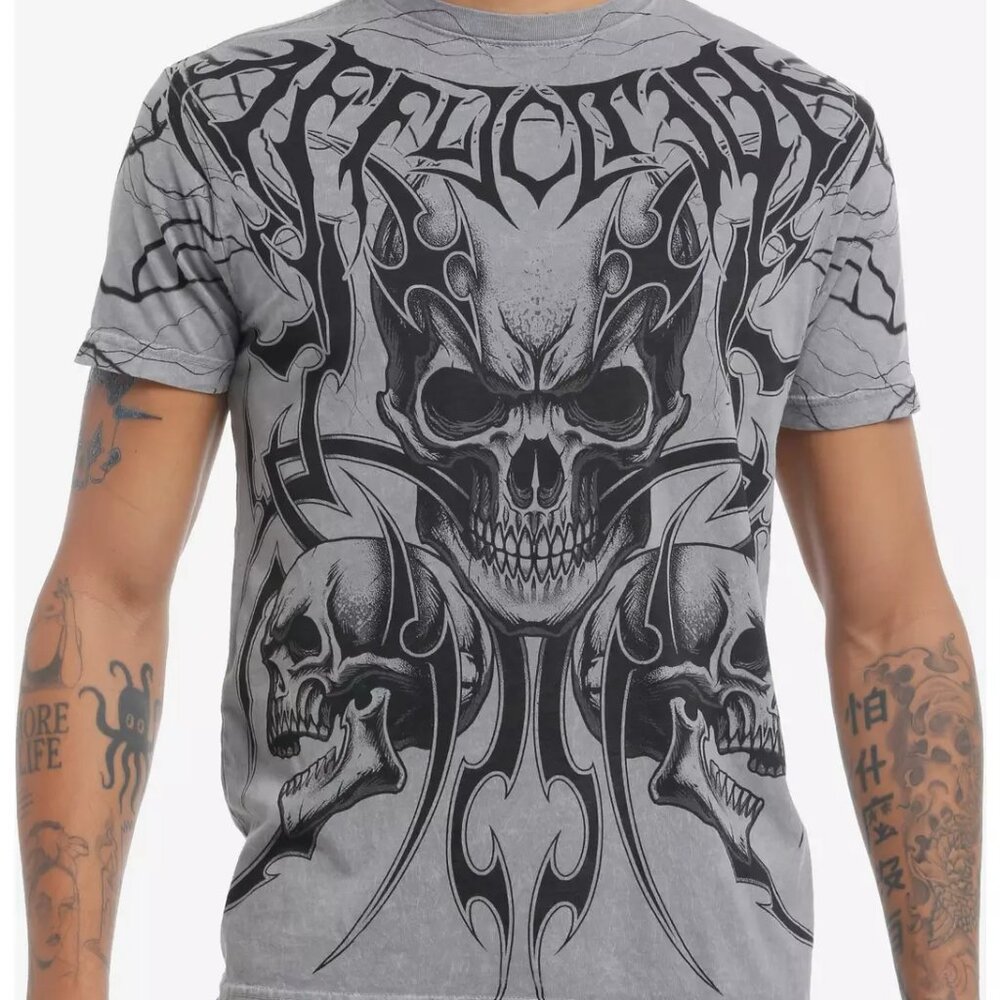 Affliction Tribal Skull Trio Grey Wash T-Shirt
